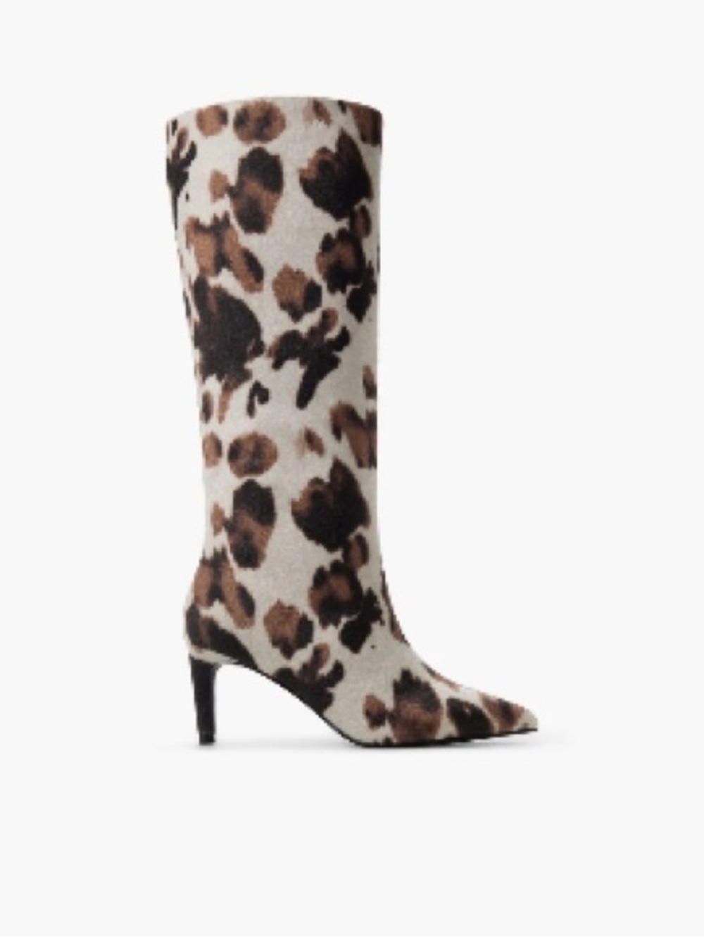 Cow Print Knee High Heeled Boots - Brown/Black
